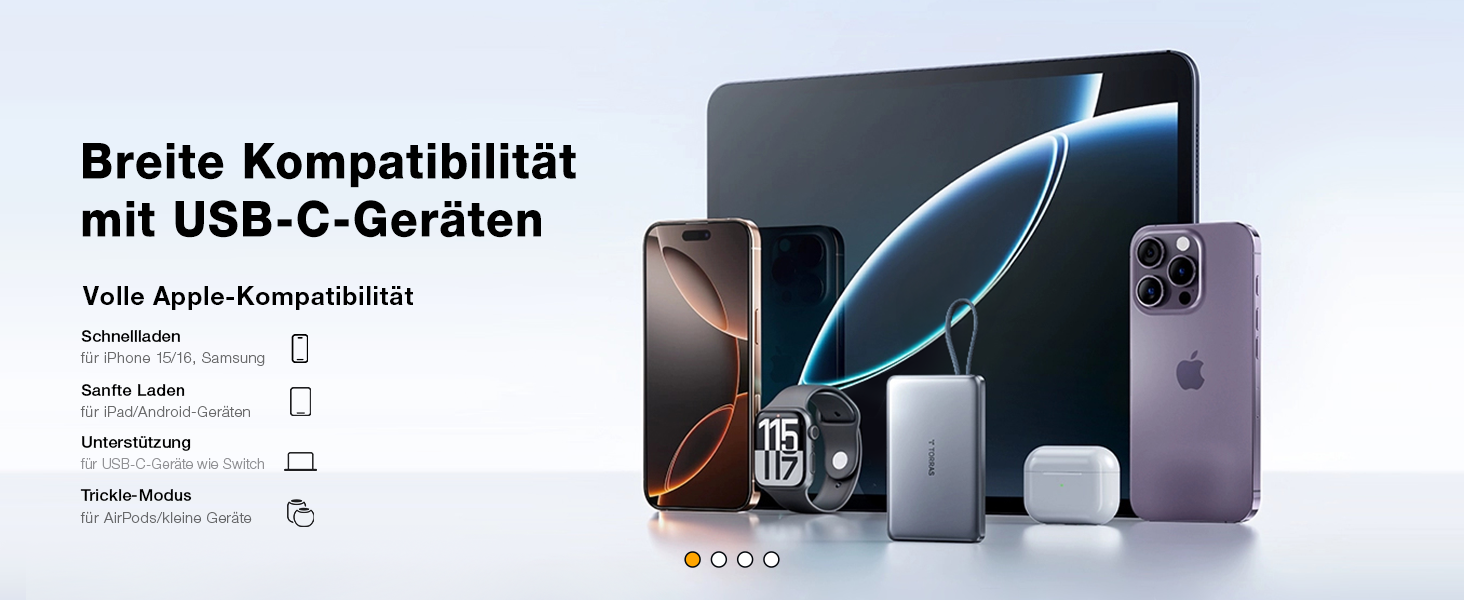 Портативний зарядний пристрій TORRAS 10000mAh з кабелем USB-C, 22.5W PD3.0, білий. Сумісний з iPhone, Samsung, AirPods.