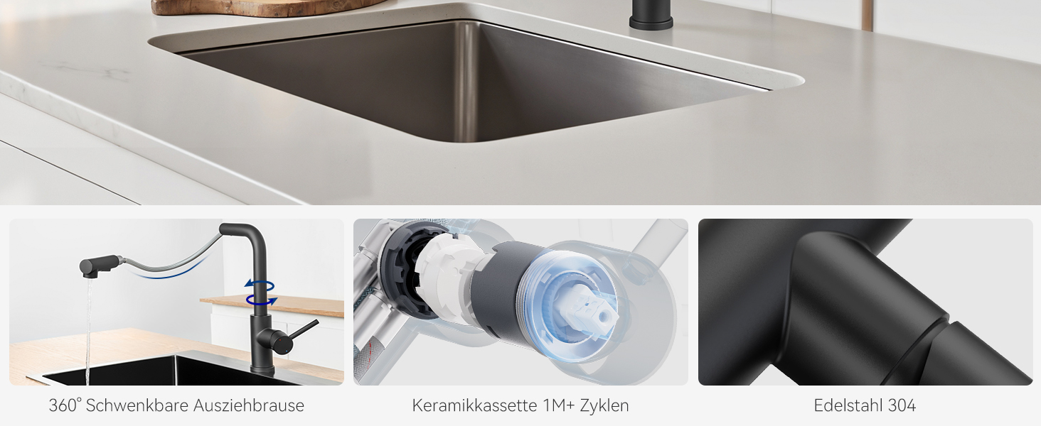 Змішувач кухонний CECIPA висувний з душем, нержавіюча сталь, 2 режими, 360° оберт, матовий чорний