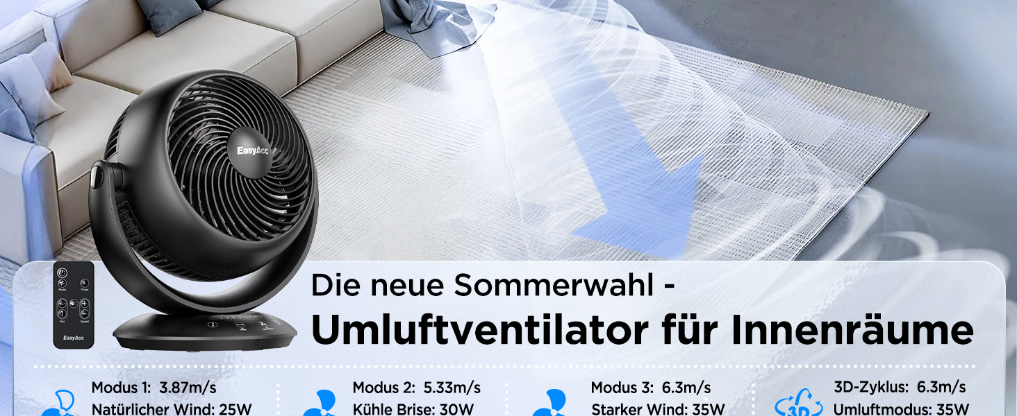 Вентилятор EasyAcc тихий, 25dB, настільний, з авто-осциляцією 90°, 3D Turbo, з пультом, 3 швидкості, таймер 2-12 годин, для спальні - чорний