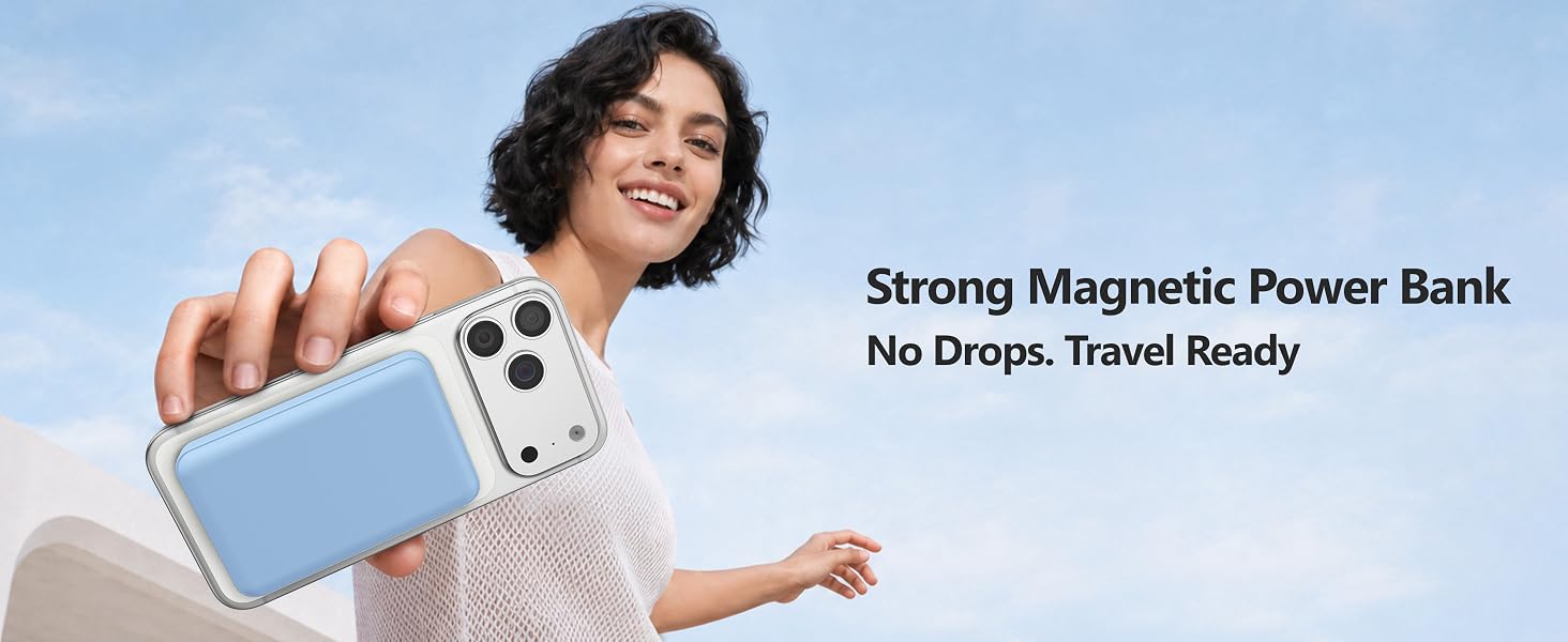 Бездротовий зовнішній акумулятор AOGUERBE MagSafe 10000mAh, Power Bank з магнітною зарядкою 22.5W, USB-C, для iPhone 17/16/15/14/13/12 Pro Max (Блакитний)