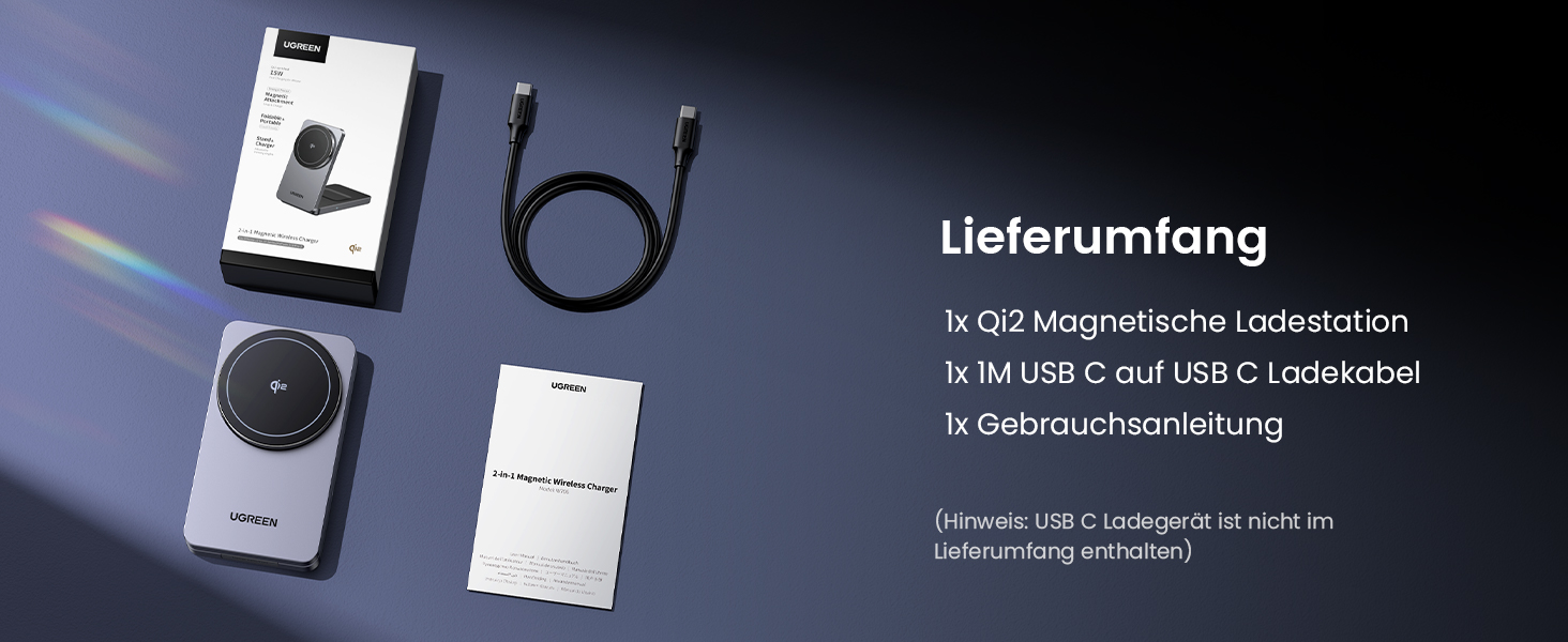 Зарядний пристрій UGREEN MagFlow Qi2 з підтримкою MagSafe, 15W, 2-в-1, для iPhone 17/16/15/14/13/12, AirPods 2/3, з кабелем 1м