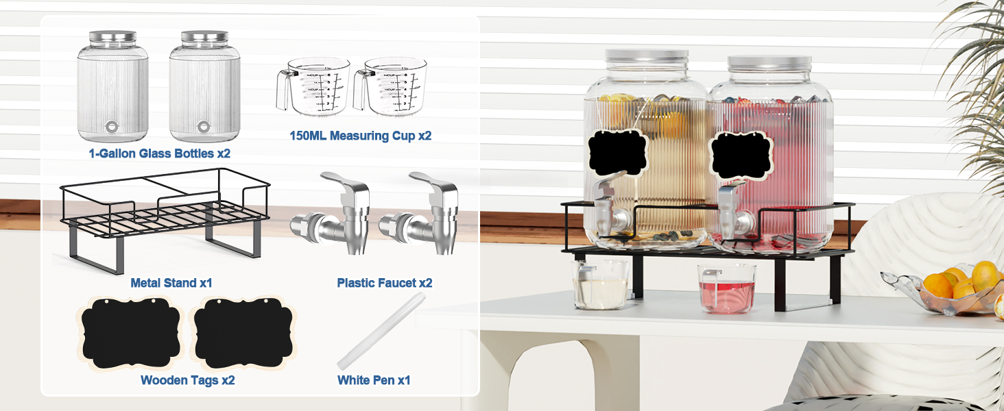 2 шт. скляні диспенсери для напоїв на 4 л з краном, металевий стійка та мірний стакан, для соку/коктейлів/трав'яного чаю, диспенсер для соку на вечірки та весілля