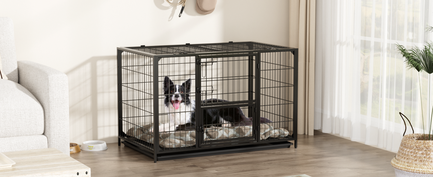 Клітка для собак VOWNER, міцна, 93x56x60 см, для малих та середніх порід, 3 двері, знімні двері та піддон, чорна