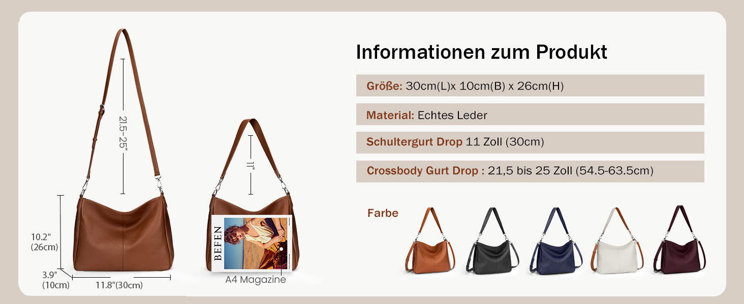 Сумка жіноча шкіряна Befen Shopper Hobo середнього розміру, коричнева (A-braun) з 2 ремінцями