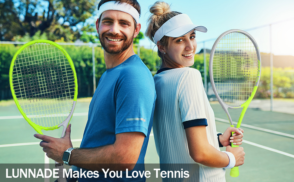 Тенісний racket LUNNADE для дорослих, 27 дюймів, довговічний, легкий, попередньо натягнутий, з можливістю перетягування, підходить для початківців та досвідчених гравців, сірий колір
