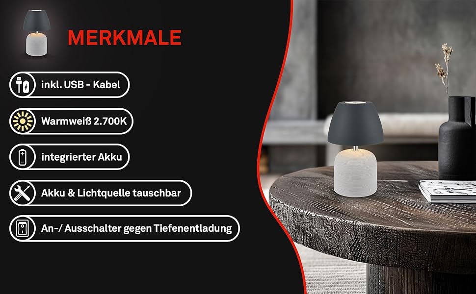 LED-лампа BRILONER настільна бездротова IP44 з сенсором, регулюванням яскравості, керамічним цоколем, для спальні, читання, декору, на вулицю, 13,5x22 см (сіро-антрацит)