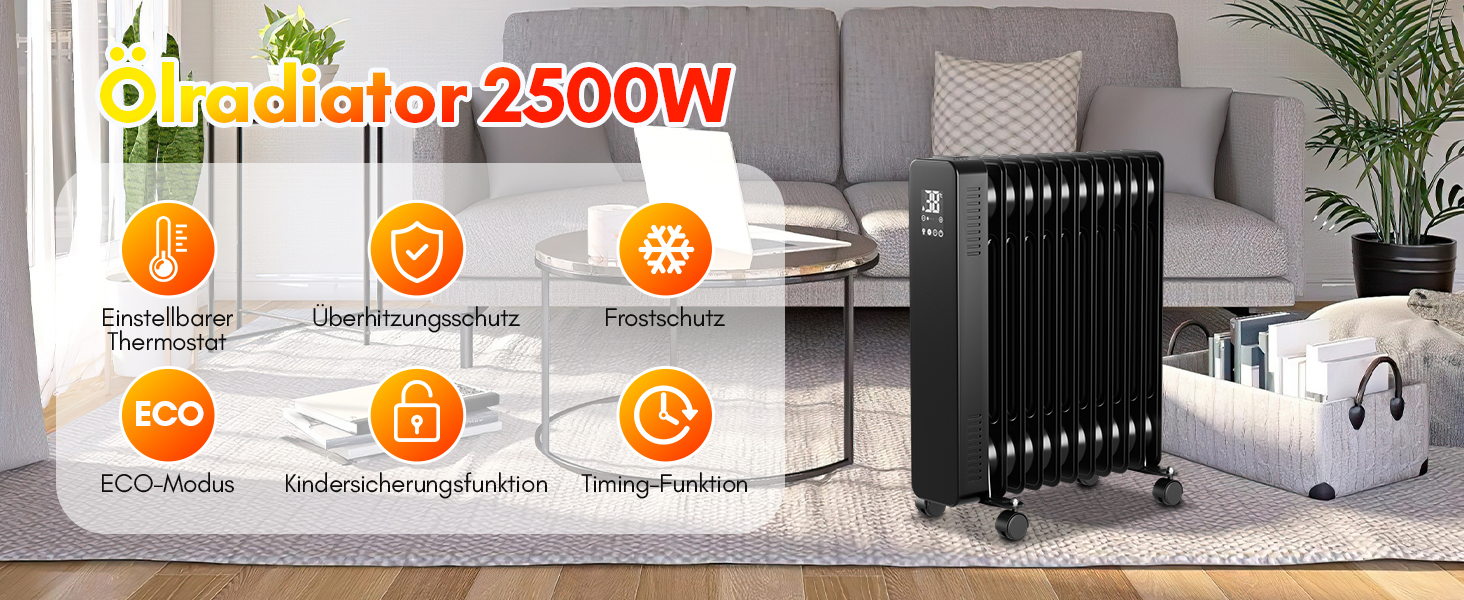 Масляний радіатор Fiqops 2500W з WiFi, термостатом та пультом керування, 11 ребер, 3 режими нагріву, захист від перегріву, білий