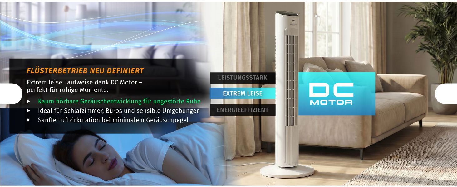 Вентилятор Tower Brandson ECO GREEN – тихий, з пультом, 12 швидкостей, режим сну, білий