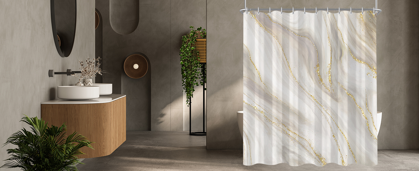 Штора для ванної кімнати 180x200 см з антигрибковим покриттям, водовідштовхувальна, поліестер, з кільцями (Phnom Penh Сірий мармур)