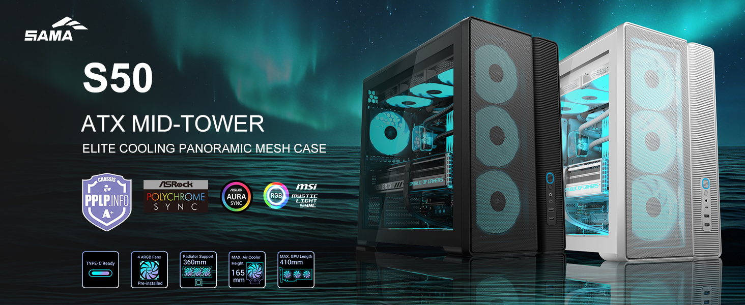 Ігровий корпус для ПК SAMA S50 Airflow, 4 ARGB PWM вентилятори, USB Type-C, Mesh-панель, чорний