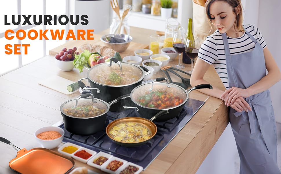 Набір посуду NutriChef NCCWALN14 мідний антипригарний, 14 предметів - для всіх типів плит