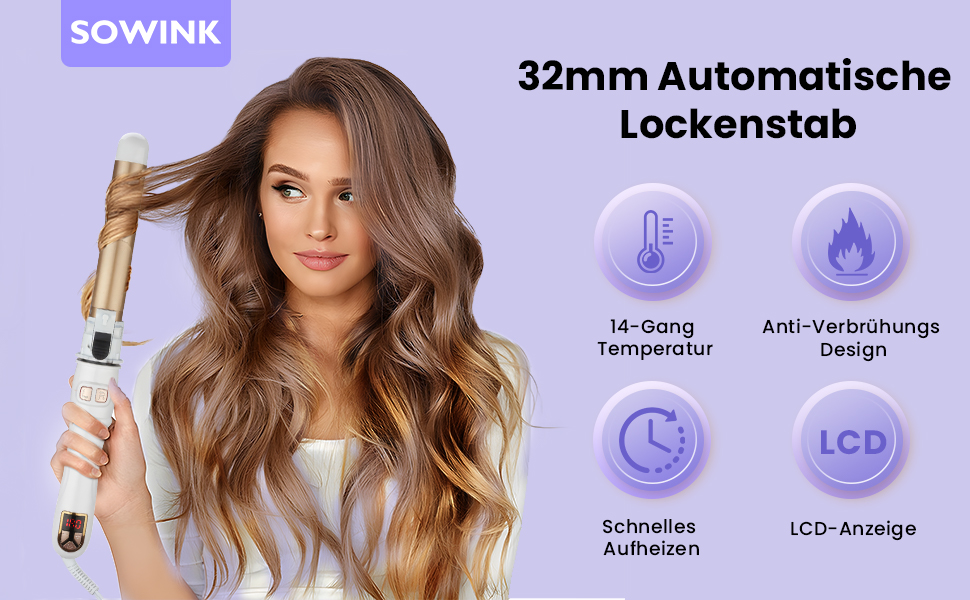 Автоматичний плойка для волосся SOWINK 32mm з LCD дисплеєм, 14 температурних режимів, 100-230°C, для створення природних локонів