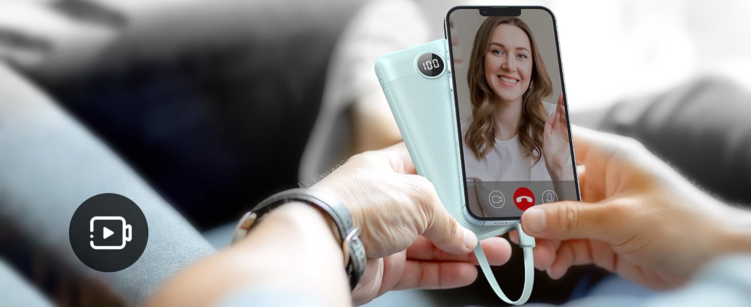 Портативний зарядний акумулятор Power Bank 10000mAh з LED дисплеєм та інтегрованими кабелями. Сумісний з iPhone, iPad, Samsung, Xiaomi, Google Pixel. Колір: блакитний