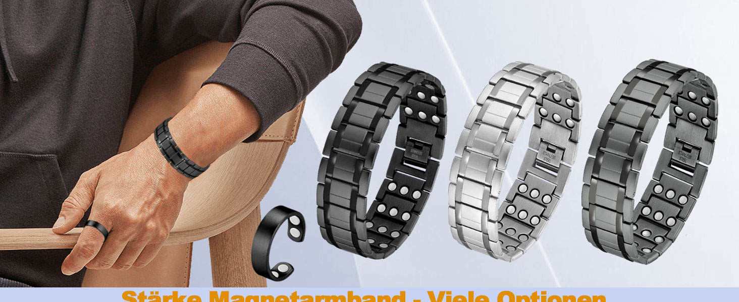 Браслет для лімфодренажу з магнітами для чоловіків, титан, регульований, з інструментом для зняття та подарунковою коробкою (Чорний) (3 ряди сірого кольору)