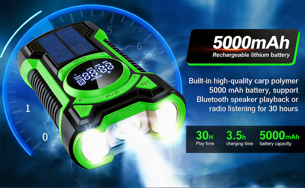 Радіо на сонячній батареї та ручному приводі Gemmac 5000mAh з Bluetooth, USB AM/FM, Power Bank, SOS-сигналом, ліхтариком – для кемпінгу та виживання (Зелений)