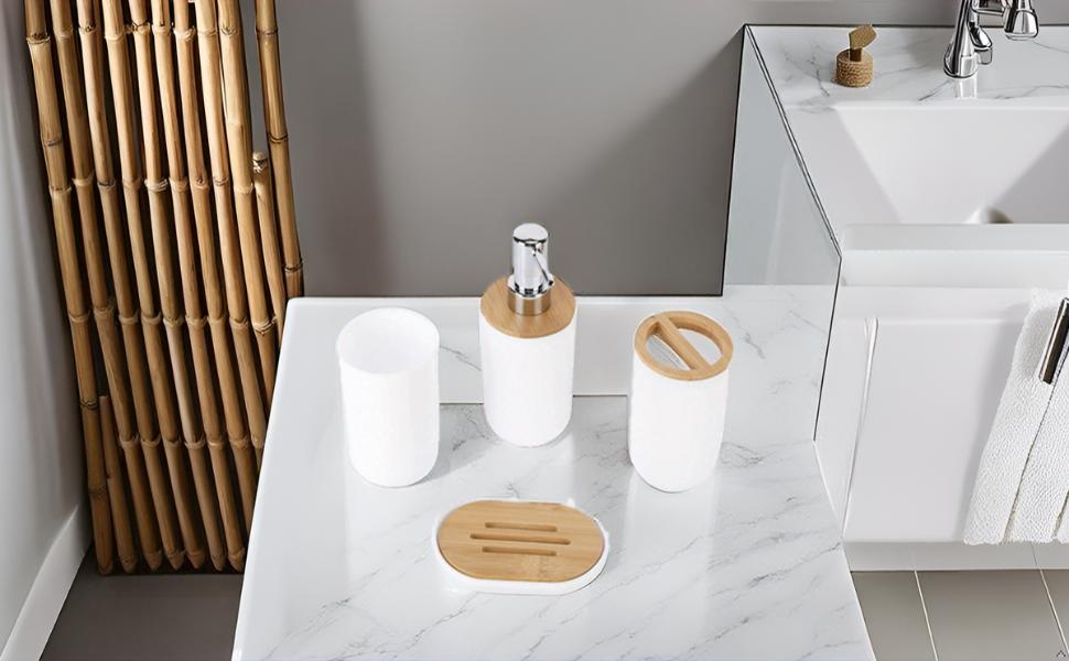 Набір аксесуарів для ванної кімнати на 4 предмети: тримач для зубних щіток, мильниця, дозатор для лосьйону, стакан для ополіскувача, сучасна сантехніка для дому та готелю (білий)