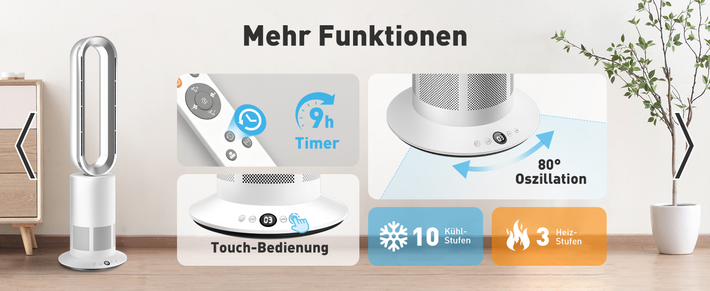 Безлопатевий вентилятор-нагрівач TP18Pro 2-в-1: 10 режимів охолодження, 3 - обігріву, пульт та сенсорне керування, тихий DC-двигун