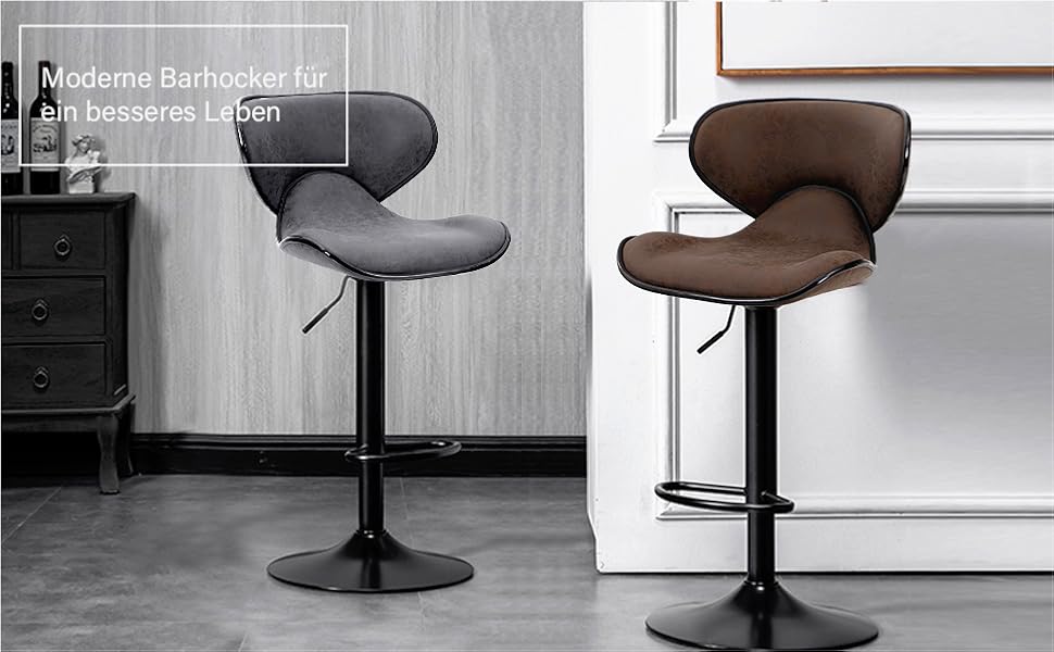 Alpha Adjustable Height Bar Stools 2-Pack - Swivel PU Leather Kitchen Bar Chairs with Footrest - 160KG Capacity (Brown)