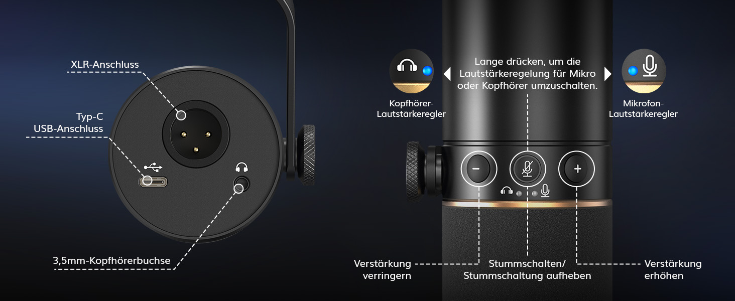 TONOR TD520: USB/XLR мікрофон для запису, геймінгу та стрімінгу. Чорний, з підставкою та кнопкою Mute.
