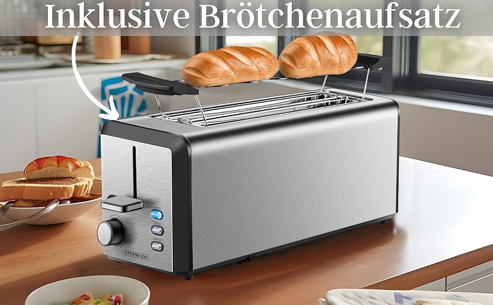 Тостер Langschlitz з 4-ма слотами | XXL, 1500 Вт, регулятор 6-ти рівнів підсмажування, підставка для бургерів, функція розморожування, крихтозбірник, нержавіюча сталь, LED дисплей