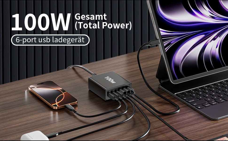 Багатопортовий зарядний пристрій HSSNS USB-C: 100W, 6 портів, швидка зарядка, USB-C та USB-A, для iPad, iPhone та смартфонів, чорний