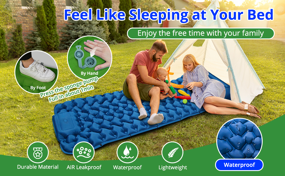 Надувна туристична матрац Isomatte з самонадуванням, 10 см, водовідштовхувальна, для кемпінгу та подорожей, синьо-зелена, односпальна