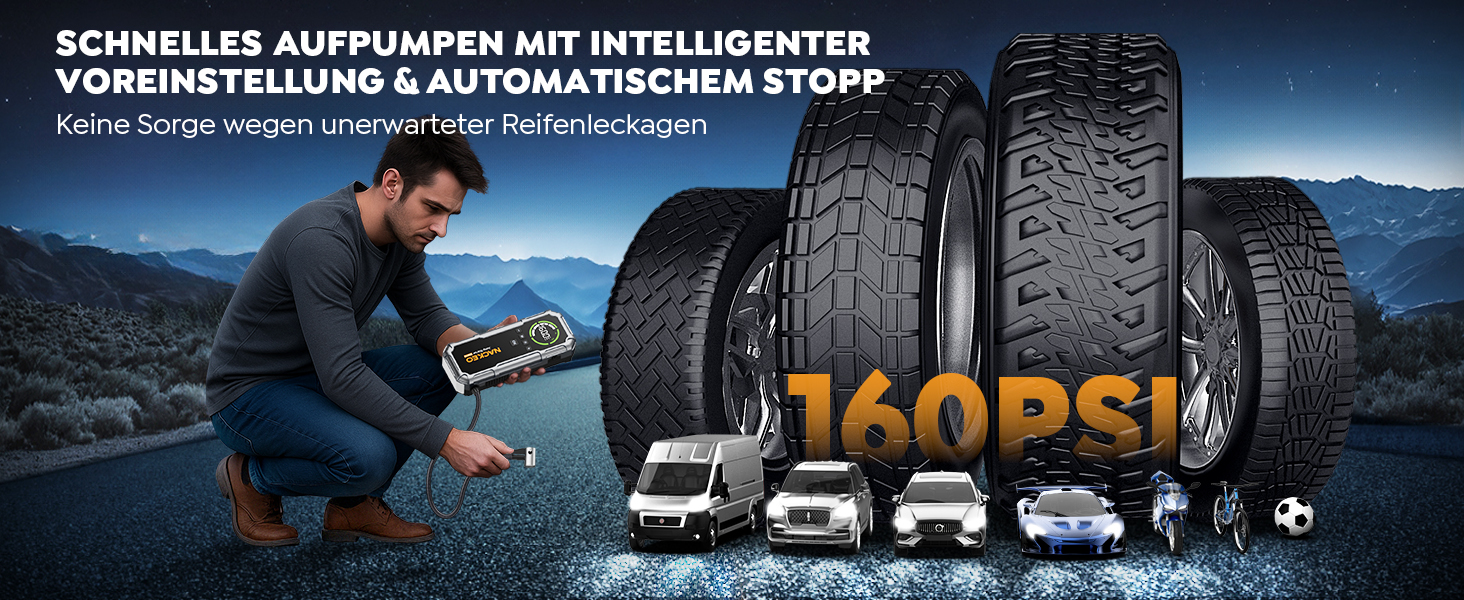 Портативний зарядний пристрій Starthilfe 8000A з компресором 160PSI, 12V для автомобілів, 20000mAh, LED-ліхтар 600 Lumen, LCD-дисплей, сріблястий