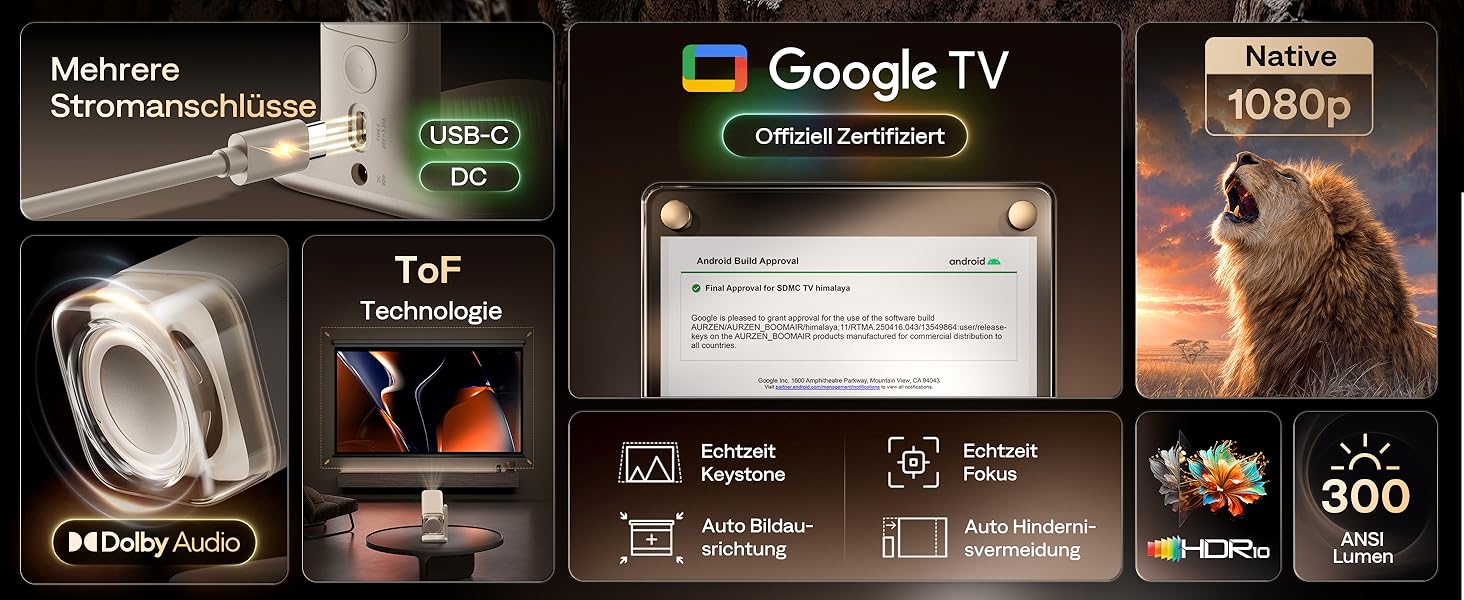 Smart проєктор Aurzen Boom Air Mini Beamer з Google TV та Netflix, 4K, USB-C, Dolby Audio, WiFi, Bluetooth, TOF автофокус, обертовий стійкий, кремовий