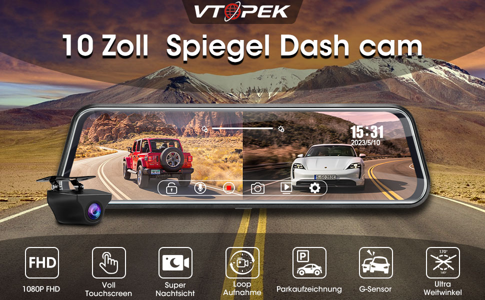 Дзеркало-відеореєстратор з камерою заднього виду Dual 1080P, 10