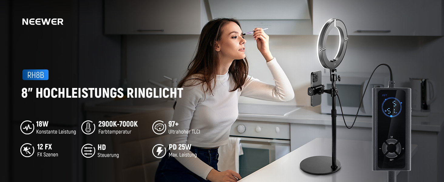 NEEWER Кольцеве світло 80 см 18 Вт з штативом та тримачем для телефону, для iPhone, стрімінгу, відеоконференцій, Zoom, RH8B