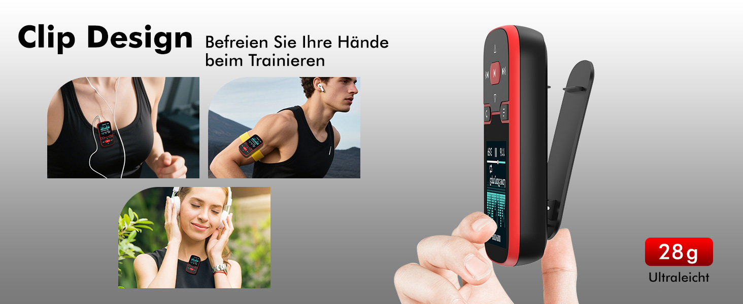 MP3 плеєр 64GB Bluetooth 5.3 з кліпсою, Hi-Fi, для спорту, з FM-радіо, диктофоном, крокоміром, підтримка картки до 128GB, червоний