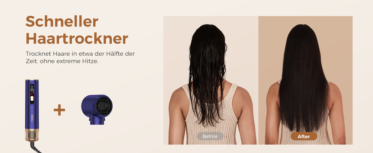 Мультистайлер для волосся 6 в 1 UKLISS Air Styler Set з дифузором, фен-щітка та вирівнювач для волосся, 1000 Вт, LCD-дисплей, Gold Blau