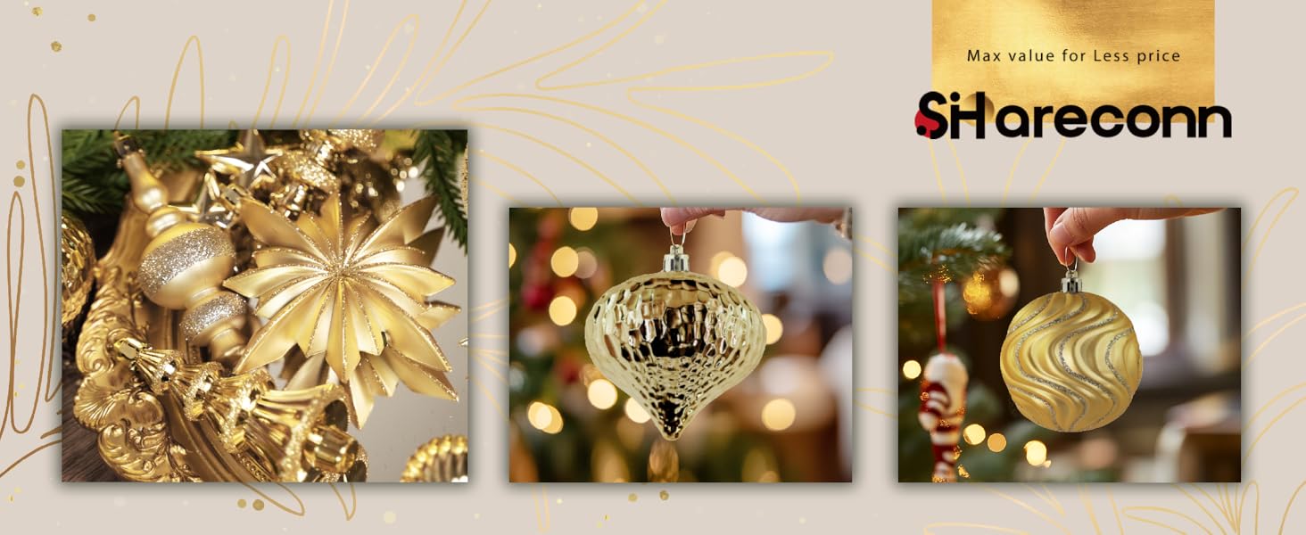 Набір ялинкових прикрас Shareconn, 80 шт., 4–12,5 см, міцні золоті пластикові кулі для ялинки, різдвяний декор, з ниткою для підвішування, темно- та світло-золоті кольори