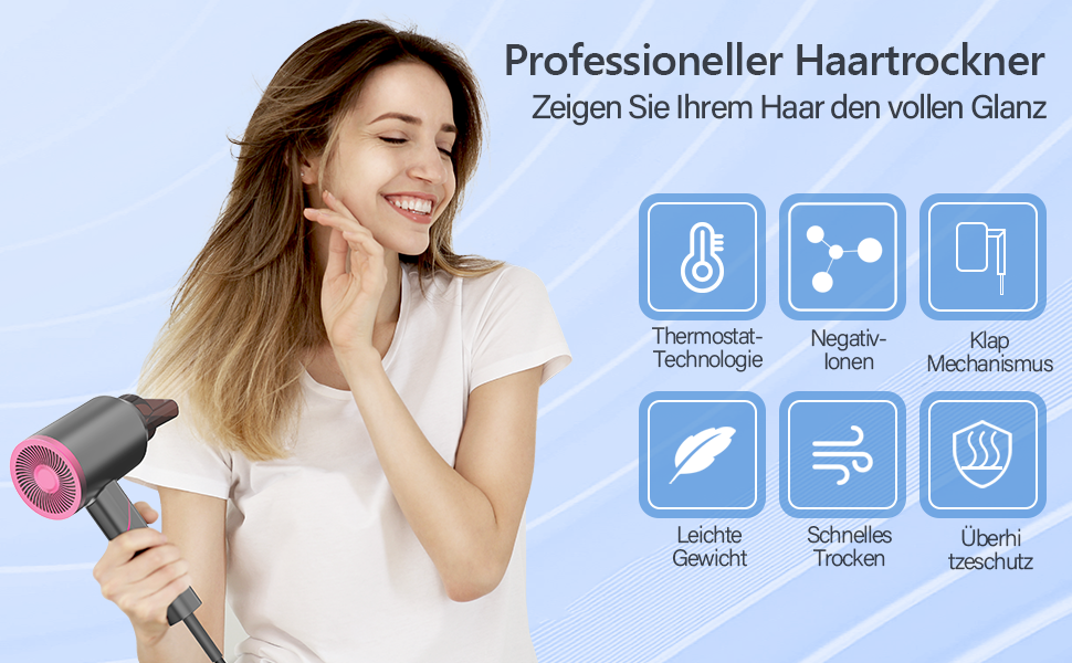 Складаний фен DEWILY Profi: потужний, тихий, з 3 режимами нагріву, з насадкою, сірий