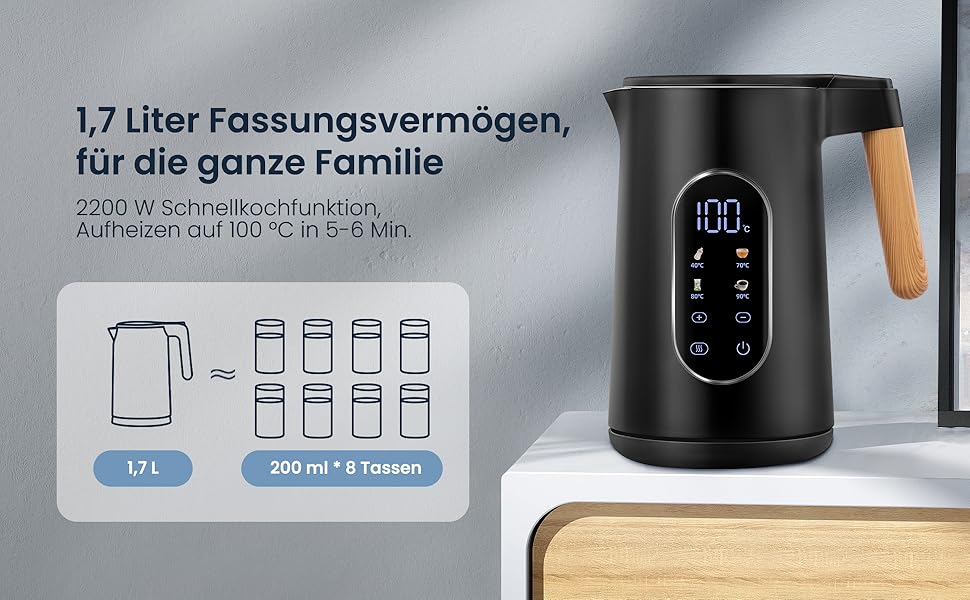 Електричний чайник VORSCH з нержавіючої сталі, 1,7 л, 2200 Вт, регулювання температури, підтримання тепла, захист від сухого кипіння, LCD-дисплей, поворотна база 360°, подвійні стінки, BPA-free, чорний з дерев'яною ручкою