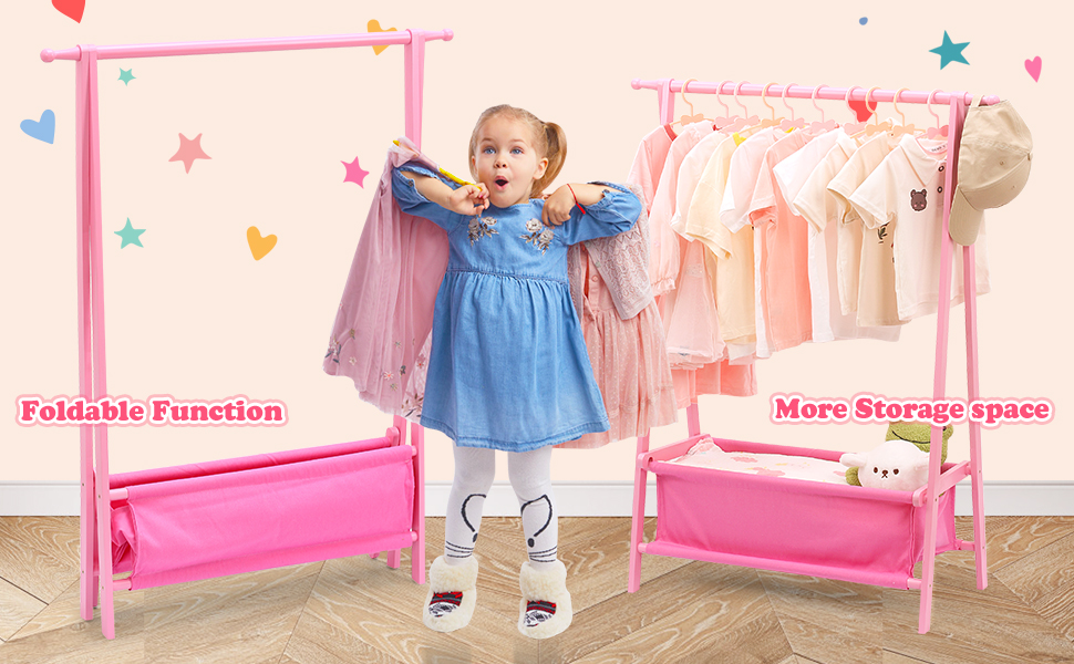 Relquorax Bamboo Children's Clothes Rack with Storage Bag and Clothes Rail, Dress-up Stand, Small Wardrobe Rack, for Costumes in Children's Rooms (Pink)