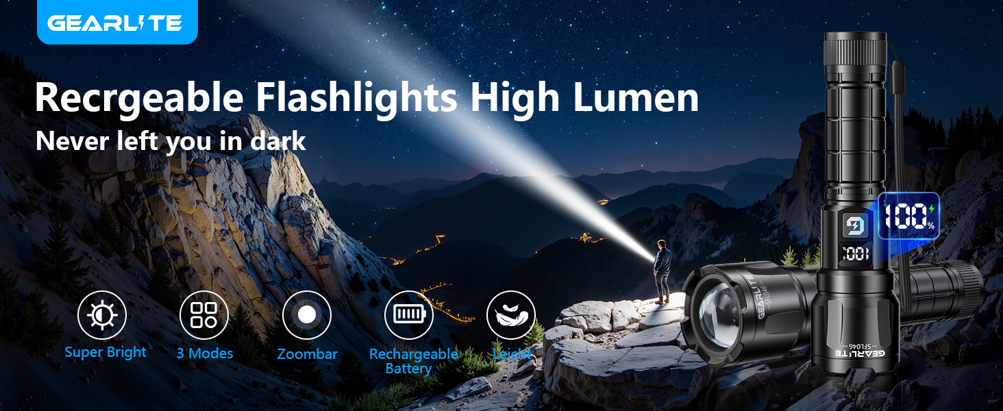 LED ліхтарик Gearlite: 6000 люмен, тактичний, водонепроникний (IP65), 3 режими, для кемпінгу, риболовлі, надзвичайних ситуацій. Чорний