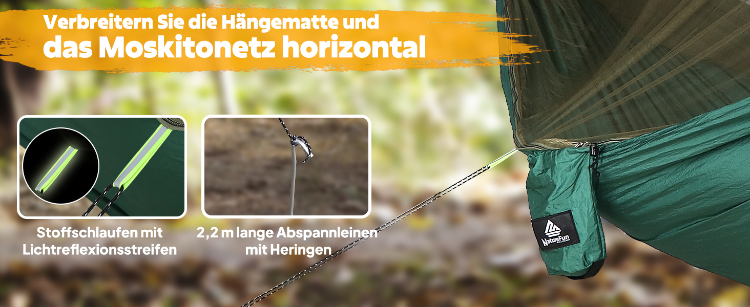 Гамак для кемпінгу NatureFun з москітною сіткою | Макс. навантаження 300 кг, 290 x 140 см | Швидковисихаючий нейлон, повний комплект, чорний