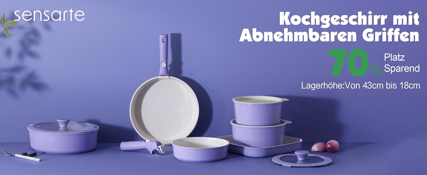 Набір посуду SENSARTE Keramik 17 предметів: каструлі, сковороди з антипригарним покриттям та знімними ручками, для всіх типів плит, можна мити в посудомийній машині та використовувати в духовці, фіолетовий колір