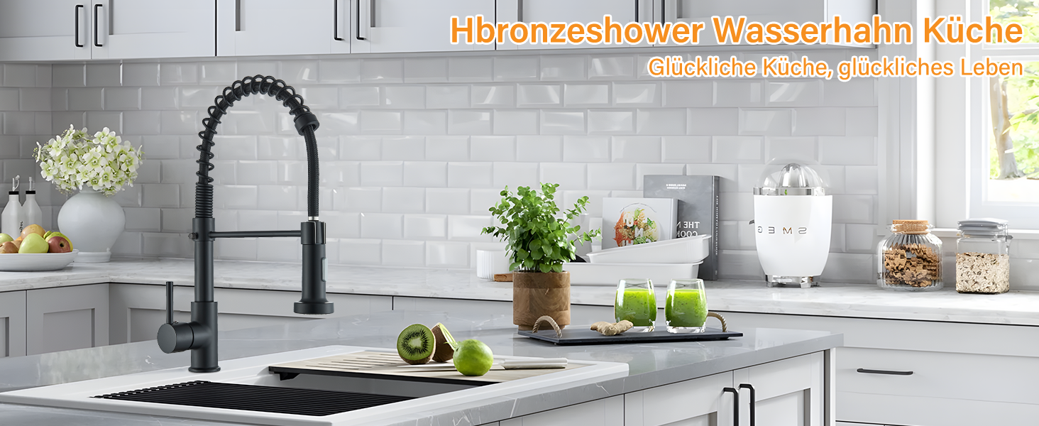 Кухвонний змішувач Hbronzeshower з висувною лійкою, 360° поворот, нержавіюча сталь, чорний