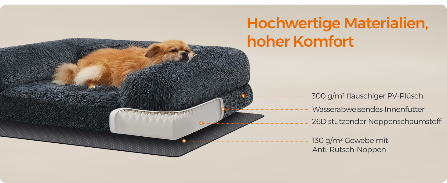 Feandrea FluffyHug Dog Bed, Dog Cushion Size XL, Dog Mat for Medium and Large Dogs, Dog Sofa with Ruffled Foam, Removable and Washable Cover, 106 x 80 x 23 cm, Ombré Gray PGW233G01 (M (76 x 58 x 23 cm), dark gray)