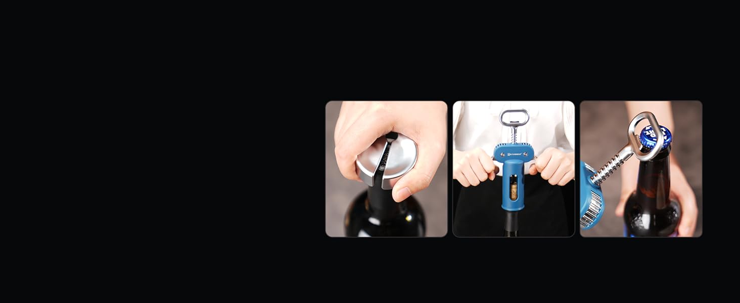 Відкривачка для вина KITCHENDAO 3-в-1 з фольєзорізачем та відкривачкою для пива, блакитна