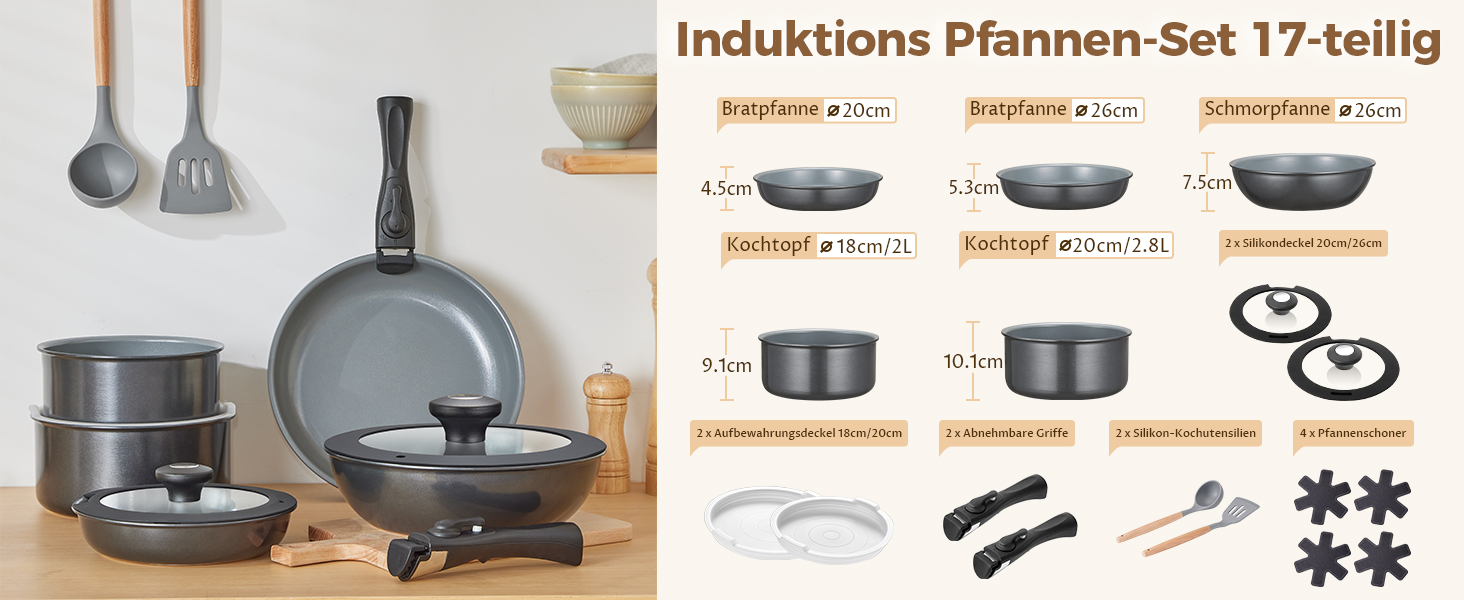 Набір каструль BEZIA 17 предметів з знімним ручкою, антипригарне покриття з кераміки, набір каструль для індукційних плит, підходить для всіх типів плит, стійкий до нагріву, посуд для кемпінгу, посуд для духовки (темно-сірий)