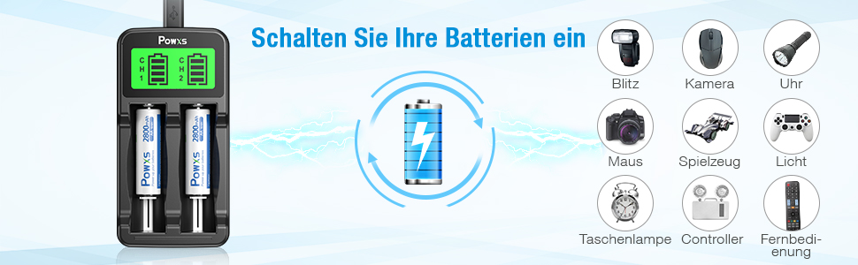 Зарядний пристрій POWXS для акумуляторів 18650 з LCD-дисплеєм та тестуванням, сумісний з Li-Ion, IMR, NI-MH, NI-Cd AA AAA C 26650 21700 10440 RCR123 (2 слоти)