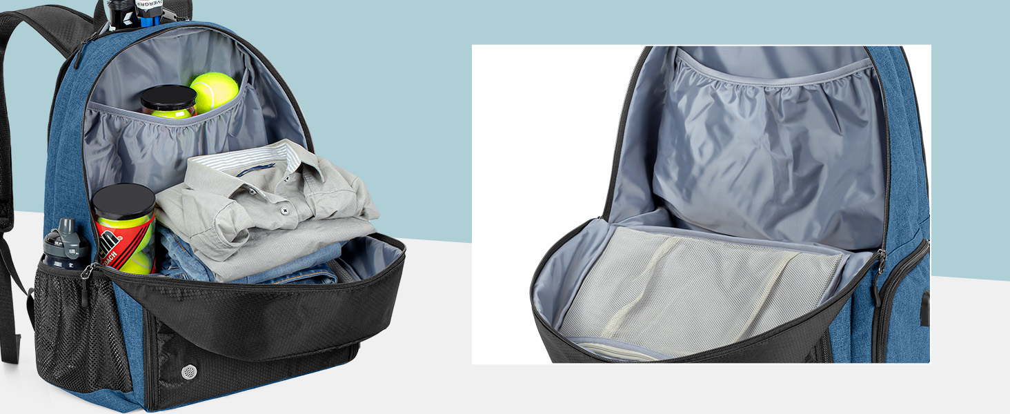 Рюкзак для тенісу DSLEAF з відділенням для взуття, сумка для 2 ракет, з м'якими лямками, вентильоване відділення для взуття, для жінок та чоловіків (блакитний)