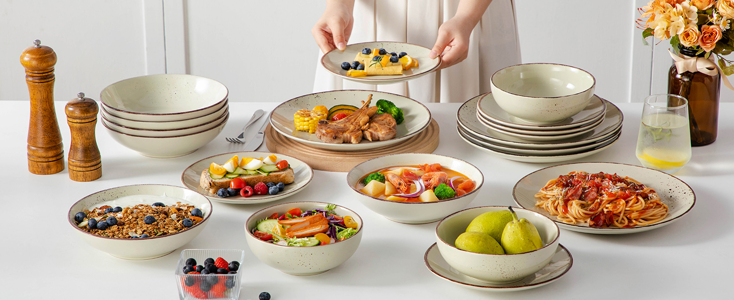 Набір керамічного посуду Vancasso NAVIA (24 частини) для 4 осіб, бежевий, набір посуду з тарілок, салатників та мисок