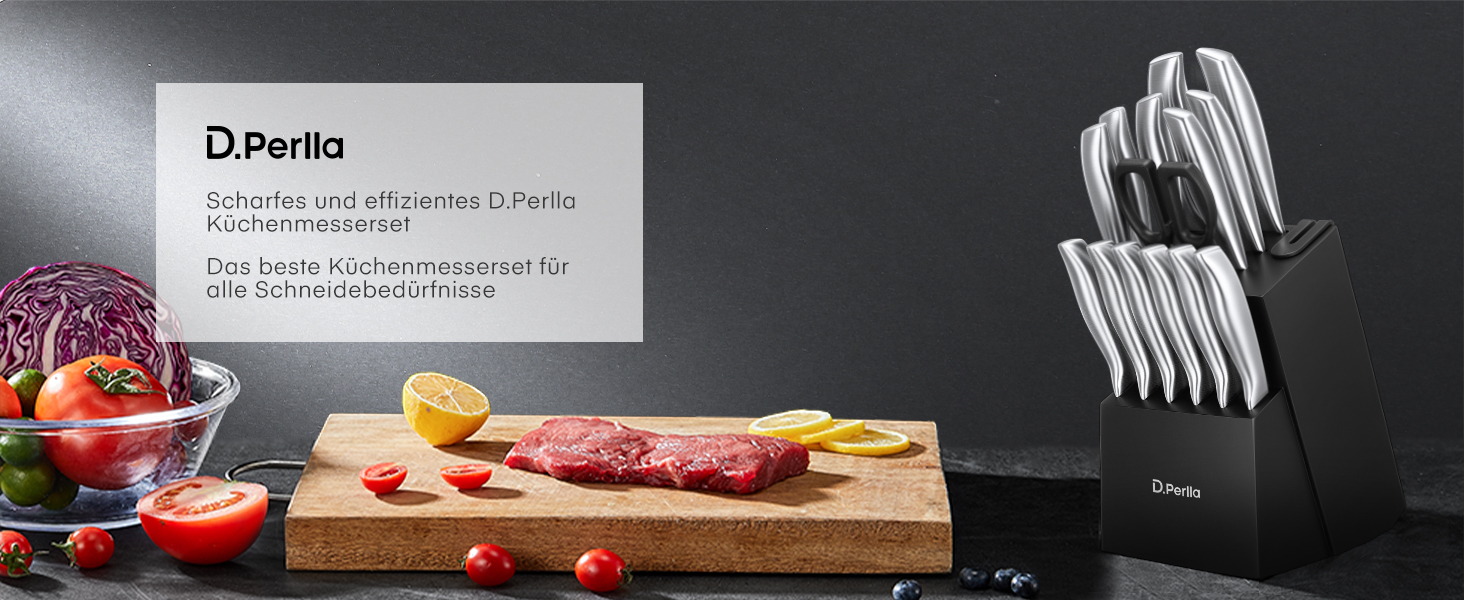 D.Perlla 15-Piece Self-Sharpening Knife Block Set - Professional Stainless Steel Kitchen Knife Set with Ergonomic Handles & Wooden Block