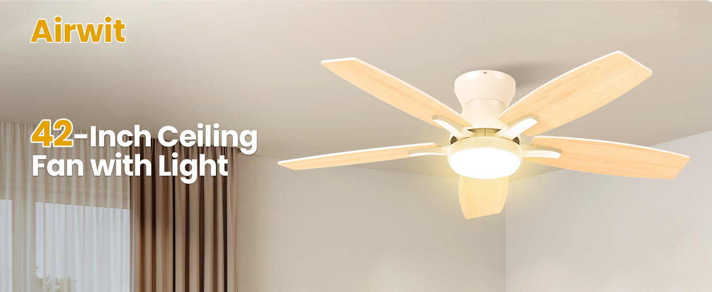 106 см стельовий вентилятор з підсвічуванням та двосторонніми лопатями, тихий вентилятор з LED-лампою та пультом дистанційного керування для спальні/вітальні, DC мотор, колір - світле дерево