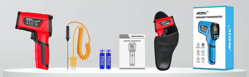 Інфрачервоний термометр MESTEK: цифровий лазерний пірометр з K-зондом (-50°C ~ 800°C) з безконтактним вимірюванням, LCD-дисплеєм, функцією оповіщення та регулюванням коефіцієнта випромінювання. Підходить для кухні, гриля та автомобіля.