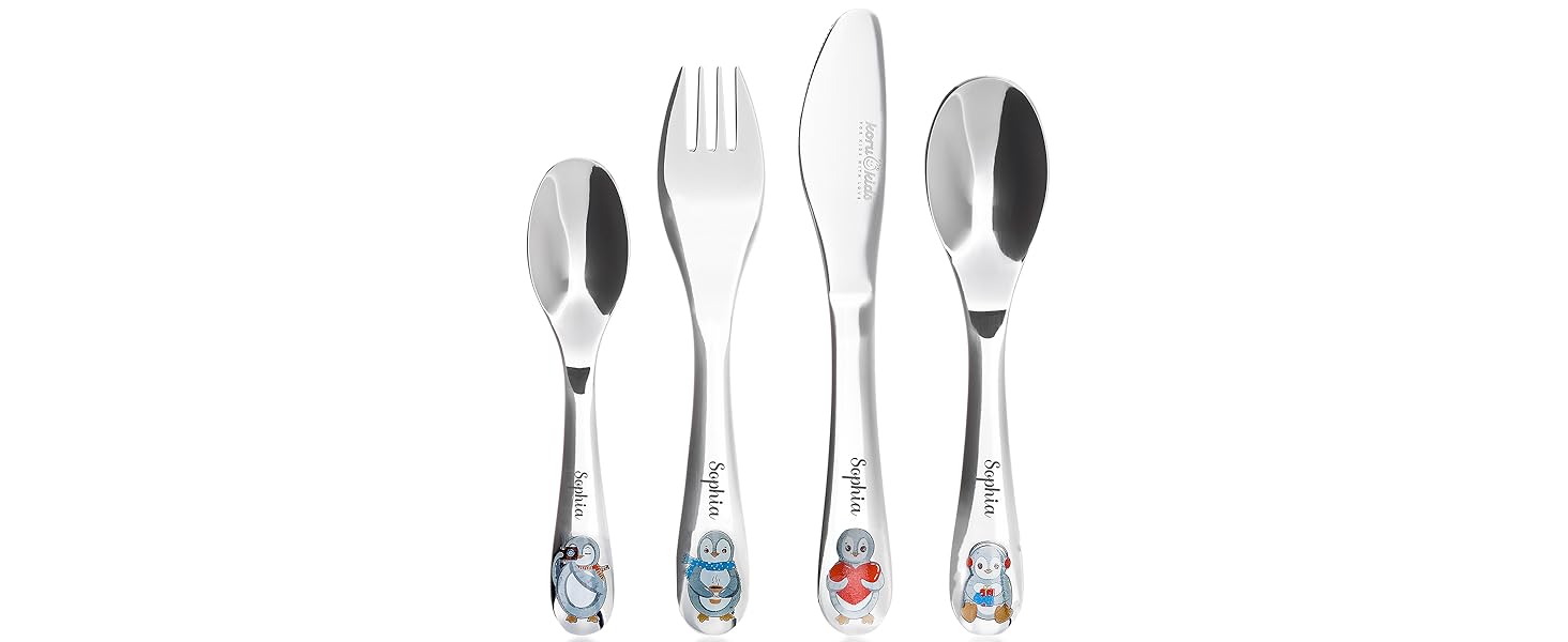 Набір дитячого столового прибору Koru Kids® Kinderbesteck Pinguin (4 шт.) з нержавіючої сталі – столовий прилад для навчання дітей, придатний для миття в посудомийній машині